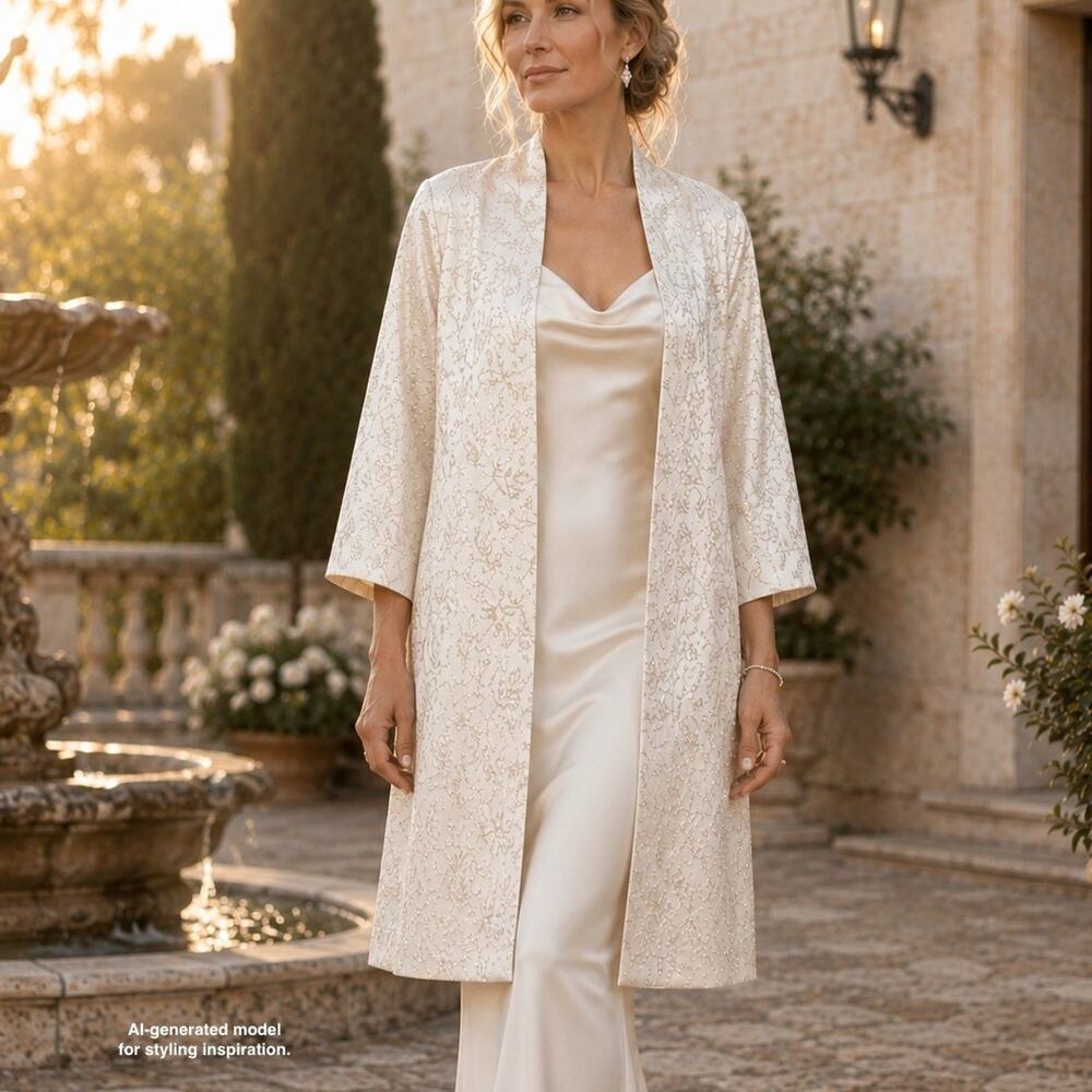 Vintage 60s Emma Domb Bridal Hostess Coat Satin Ivory Brocade Metallic Floral XL